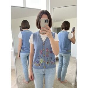 Vintage Small Floral Embroidered Knit Vest Blue Periwinkle Cottagecore Boho